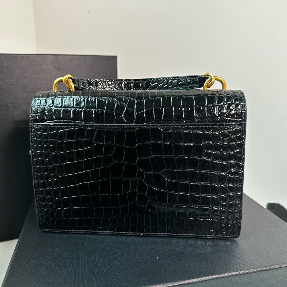 Saint Laurent Sunset Chain Wallet Bag Crocodile Embossed Shiny Leather (BLK/G) - Picture 6 of 15